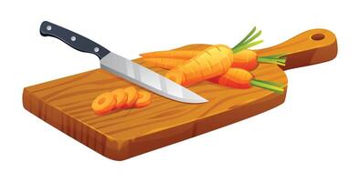 Carrots and cut sliced with knife on wooden cutting board. Vector illustration isolated on white background