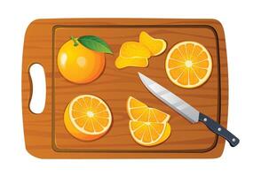 Fresh whole, half and cut slices orange fruit with knife on cutting board. Vector illustration isolated on white background