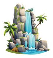 Tropical waterfall cartoon vector illustration isolated on white background