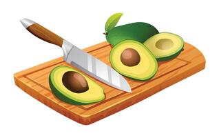 Avocado cut in half with knife on cutting board. Vector illustration isolated on white background