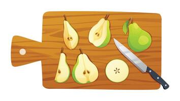 Green pears whole and half cut slices with knife on cutting board. Vector illustration isolated on white background