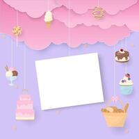 Dessert and paper note floating in the sky with pink cloud vector