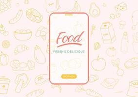 Food background with hand drawn style and mobile phone vector