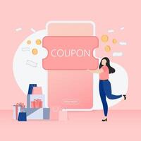 Woman receives coupon from smartphone vector