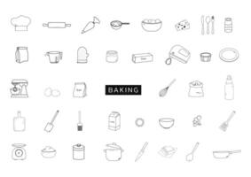 Bakery ingredients and baking tools outline icons vector