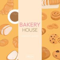 Bakery bread with pastry and coffee template vector