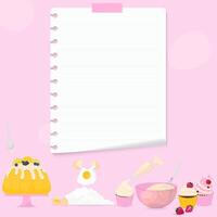 Note paper with lemon cake and cupcakes vector