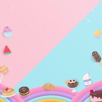 Sweet bakery with rainbow on pastel color background vector