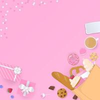 Bakery in paper bag on pink background with copy space vector