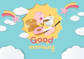 Good morning background with bakery floating in the sky vector