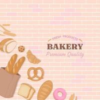 Bakery background with bread and pastry on brick wall vector