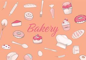 Bakery background with dessert and baking tools in hand drawn style vector