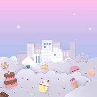 Dessert floating with cloud and town background vector