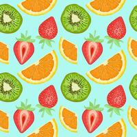 Seamless fruit pattern. Background with fresh slices of green kiwi, red strawberry and orange. Colorful vector illustration on a blue background.