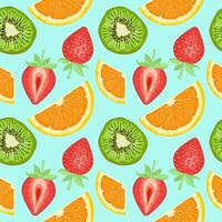 Seamless fruit pattern. Background with fresh slices of green kiwi, red strawberry and orange. Colorful vector illustration on a blue background.