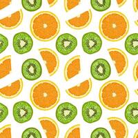 Seamless fruit pattern. Background with fresh slices of green kiwi and orange. Colorful vector illustration on a blue background.