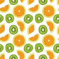 Seamless fruit pattern. Background with fresh slices of green kiwi and orange. Colorful vector illustration on a blue background.