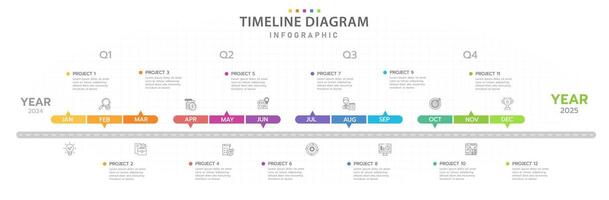 plantilla infográfica para negocios. Calendario de diagrama de línea de tiempo moderno de 12 meses, infografía vectorial de presentación. vector