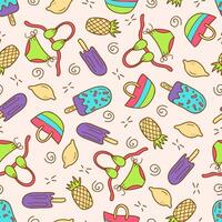 Seamless summer pattern in cartoon style with ice cream, lemon, swimsuit, pineapple and beach bag. Creative texture for fabric, paper. vector