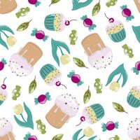 Hand drawn Easter pattern with Easter cake, muffin, tulip, and candies. Spring season background. Wrapping paper, wallpaper, packaging, fabric textile. Stock isolated image on a white background. vector