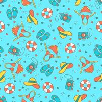 Summer seamless pattern with swimsuit, camera, hat, flip-flops, lifebuoy. On a blue background. Creative texture for fabric, paper. vector