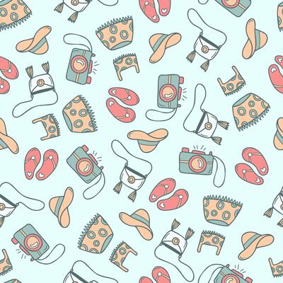 Seamless pattern with camera, hat, handbag, skirt, top, and flip-flops. Summer stock illustration on blue background. for print, postcard, textile, poster, textile or advertising.