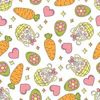 Easter pattern with carrot, egg, Easter bunny and heart. Stock isolated image on a white background in groovy style. Great for Easter Cards, banner, textiles, wallpapers. vector