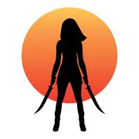 Silhouette Warrior woman with swords on a background red sun. Vector