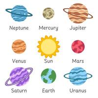 planetas de el solar sistema con nombres vector ilustración.