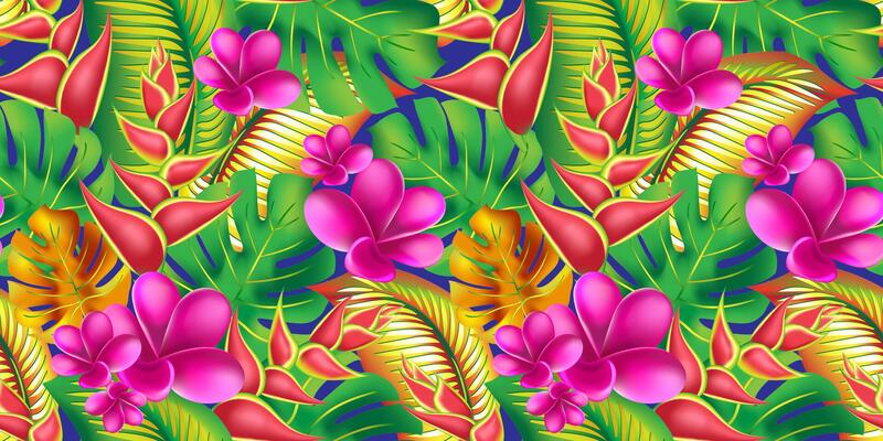 Palm monstera leaves with hibiscus and pink plumeria flowers abstract background. Trendy summer exotic flower print.