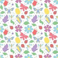 Spring floral pattern with butterflies, bees and ladybugs. Seamless flowers background vector