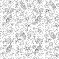 Spring floral pattern with butterflies, bees and ladybugs. Seamless flowers background vector