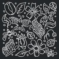 Spring floral illustration with flowers, butterflies, bees and ladybugs. Doodle flowers background vector