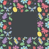 Spring floral frame with butterflies, bees and ladybugs. Seamless flowers background vector