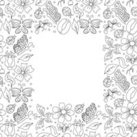 Spring floral frame with butterflies, bees and ladybugs. Seamless flowers background vector