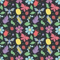 Spring floral pattern with butterflies, bees and ladybugs. Seamless flowers background vector