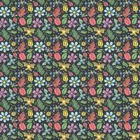 Spring floral pattern with flowers, butterflies, bees and ladybugs. Seamless flowers background vector