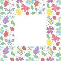 Spring floral frame with butterflies, bees and ladybugs. Seamless flowers background vector