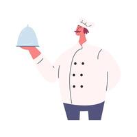 profesional cocinero esmeradamente servicio comida en cubrir Hazme campana de cristal, plano vector ilustración aislado en blanco antecedentes. cocinero en uniforme presentación cocido alimento. restaurante diseño elemento.