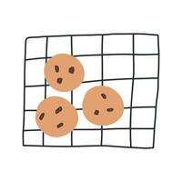 Cute hand drawn cookies on roasting rack, cartoon flat vector illustration isolated on white background. Baking tray with chocolate  cookies. Concepts of bakery, pastry and sweet food.