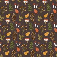 Autumn botany, hand drawn seamless pattern in cute flat style. Brown background with fall seasonal plants, flowers, leaves and mushrooms. Nature concept. vector