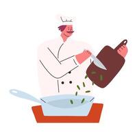 cocinero en uniforme corte verde cebolla y fritura eso en cacerola, plano vector ilustración aislado en blanco antecedentes. dibujos animados personaje de profesional cocinero Cocinando comida en restaurante.