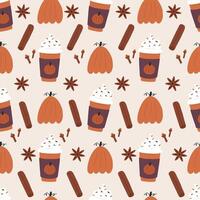 Pumpkin spice latte seamless pattern on beige background. Cute hand drawn pumpkin, cinnamon, clove and anise. To go mug of coffee with whipped cream. Warm autumn drink. vector