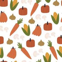 Autumn food seamless pattern on white background. Seasonal fall vegetables - pumpkin, corn, carrot, garlic and mushrooms. Cute hand drawn pattern. vector