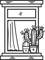 mano dibujado ventana y cactus en plano estilo vector