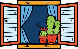 mano dibujado ventana y cactus en plano estilo vector