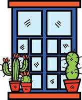 mano dibujado ventana y cactus en plano estilo vector