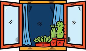 Hand Drawn Window and cactus in flat style vector