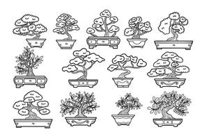 Hand Drawn Japanese and Chinese style bonsai trees in flat style vector