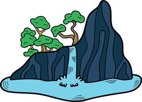 Hand Drawn island and waterfall in flat style vector